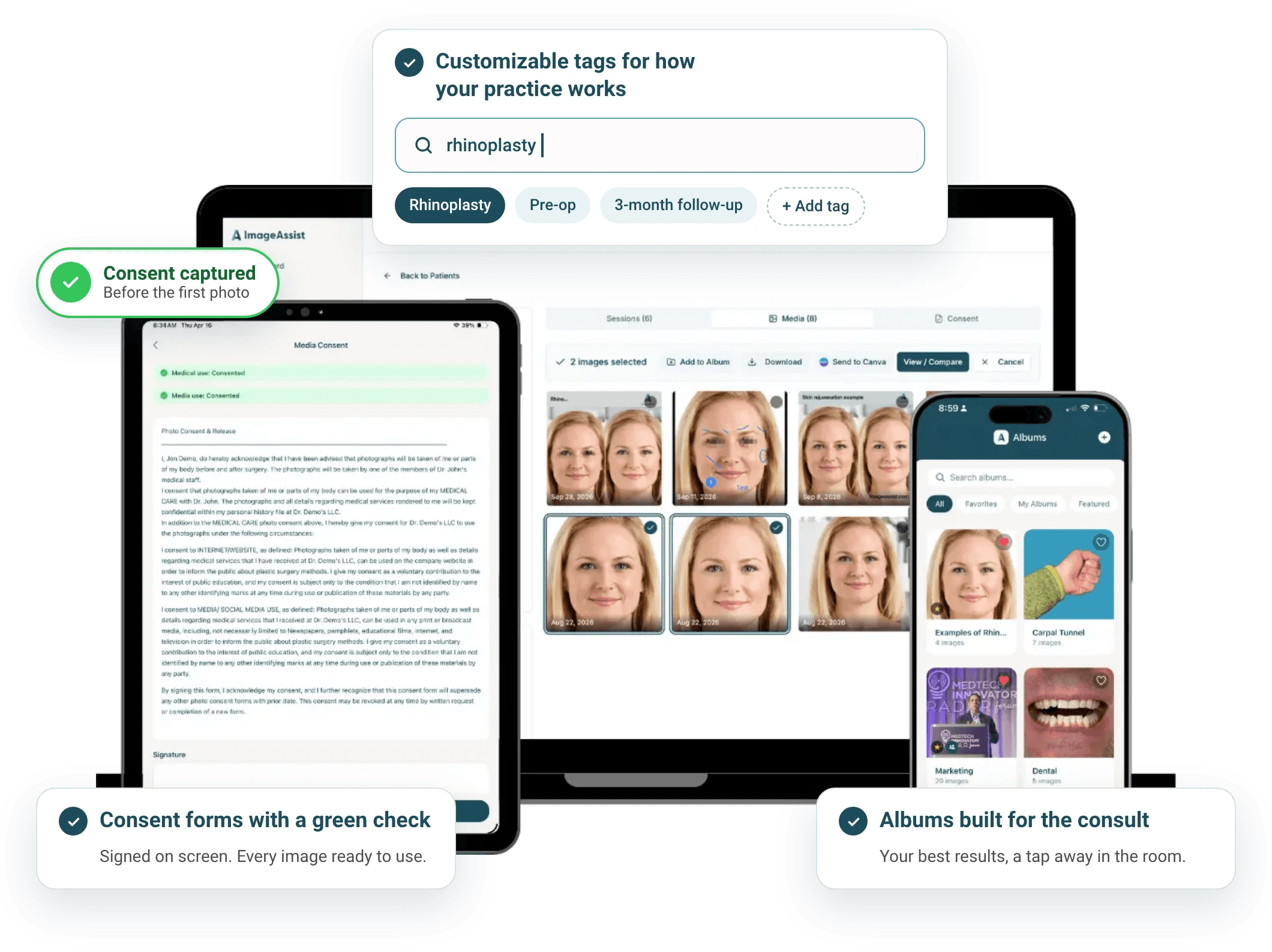 Patient media on the web, a signed consent form on iPad, and albums on iPhone